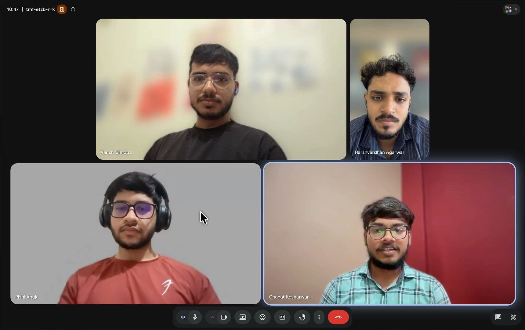 Layr founding team on a video call: Vansh Gilhotra, Harshvardhan Agarwal, Rishi Ahuja, and Chahat Kesharwani